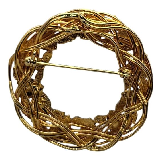Heart & Leaf Brooch Gold Tone Twisted Wire Wreath Pink & Red Glass Rhinestones - Picture 9 of 9